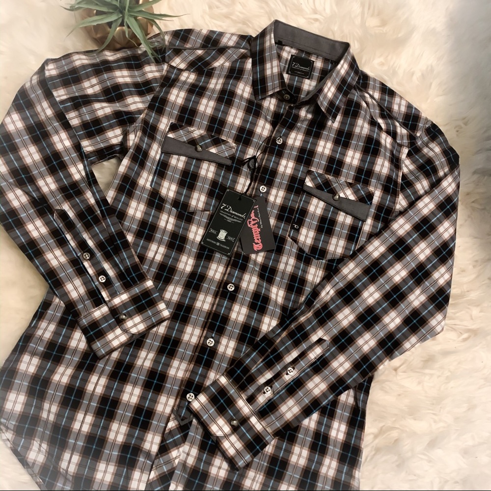 NWT 7 Diamonds ‘Mind Control’ Plaid Button Down M